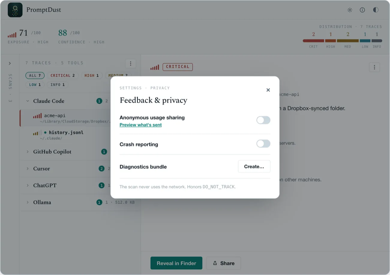 PromptDust privacy settings: anonymous sharing and crash reporting are off by default, and the scan never uses the network.
